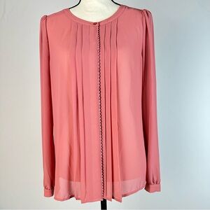 LOFT pink blouse with button front, pleats and lace trim - size small